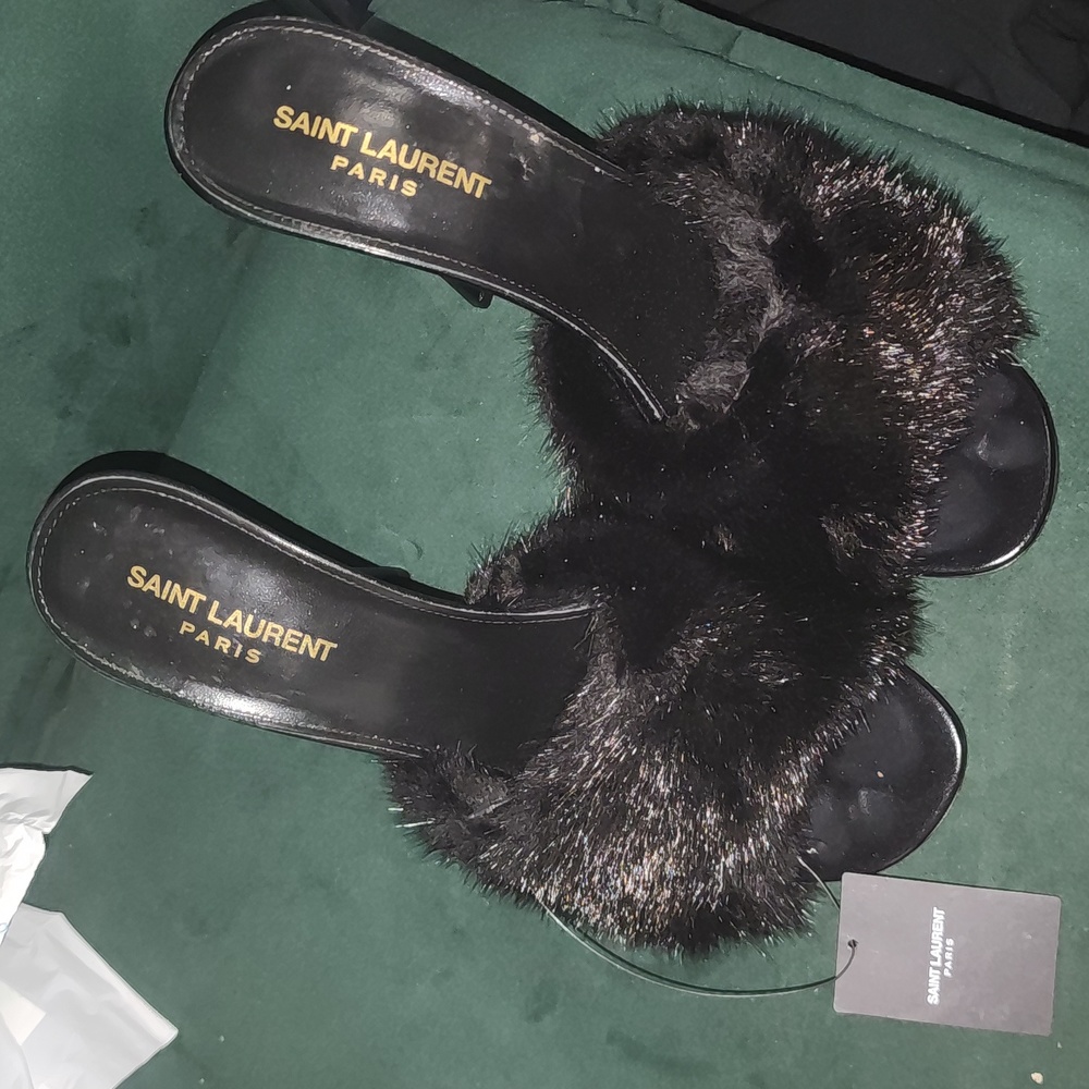 Sold Out - Saint Laurent Black La 16 Mink Mule Sandals